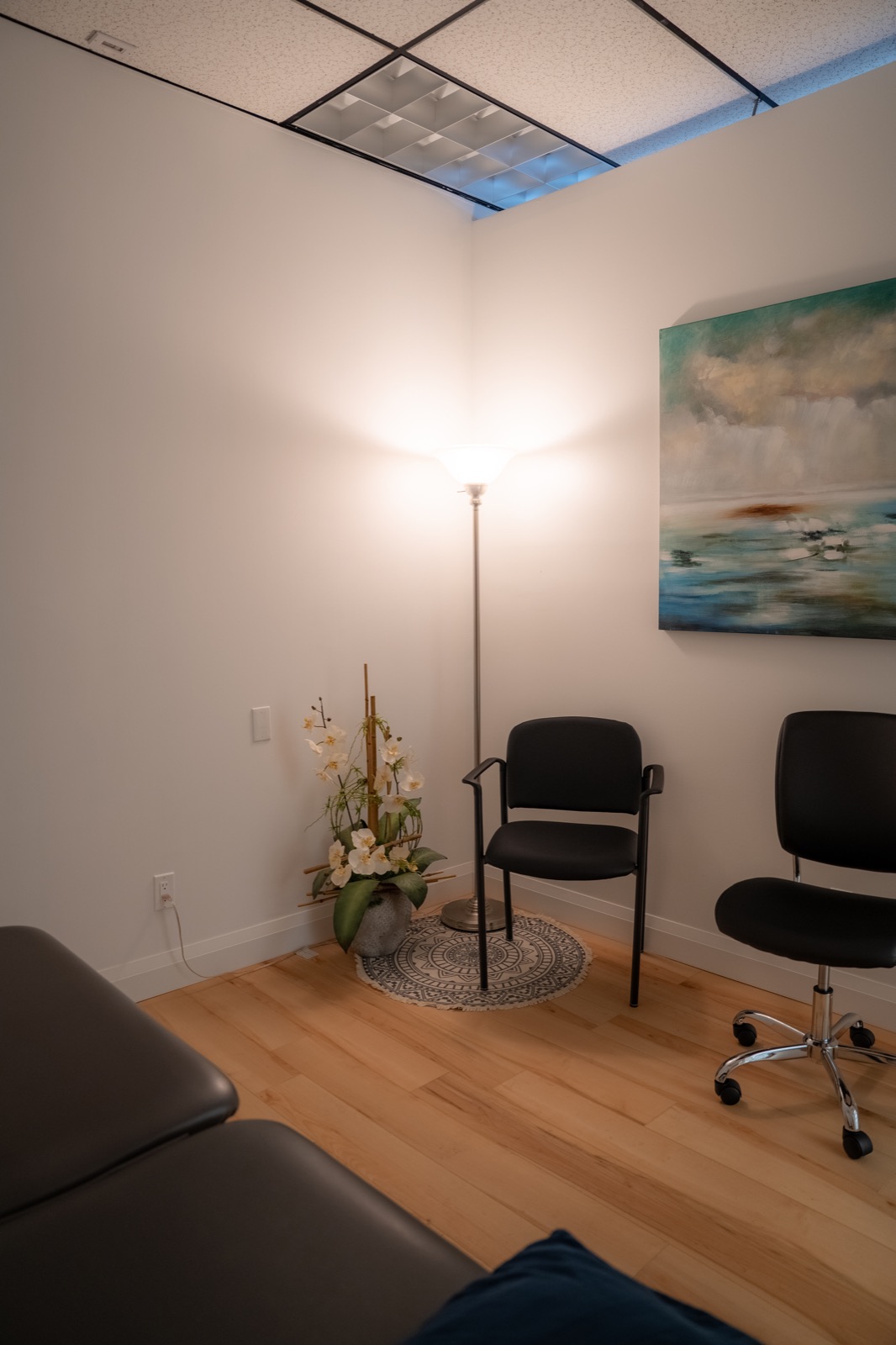 Quiet consultation corner with soft lighting and artwork